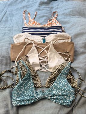Mixed Bikini Top Set — Blue Floral, White, Tan, Striped